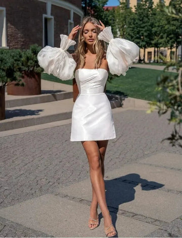Elegant Short Wedding Dresses Long Puff Sleeves Open Back Sheath Satin Simple Strapless Bridal Gown Above Knee Vestidos De Noiva ivory Satin Short Wedding Dress