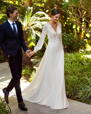 Boho Wedding Dresses Long Sleeves Charming V-Neck Lace Backless Chiffon Bridal Gowns Detachable Train vestidos de novia Ivory