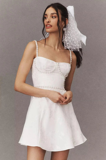 Sleeveless Embellished Corset A-Line Mini Dress Satin Court Train Dress Bridal Gown Skirt Wedding Dress Vestido De Novia Bow Satin