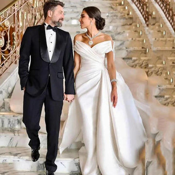Princess Wedding Dress With Long Train Satin Mermaid Bride Dresses Off The Shoulder Wedding Party Dress Long Train White Satin