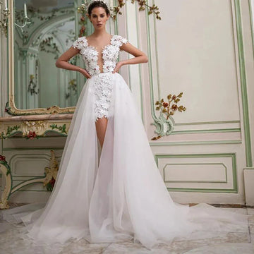 3D Flowers Lace Detachable Train Mini Short Wedding Dress V Neck Backless Cap Sleeves High Low Bridal Gown Above Knee Ivory Short Wedding Dress
