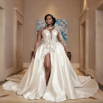 White A line Plus Size Crystals Sexy High Split sparkly One Shoulde Beach garden luxury Romantic bride Custom Wedding Dress As Picture