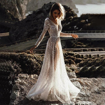 Mordern V- Neck Sequins Wedding Dresses Long Sleeves Floor Length Backless Bridal Gowns Robe De Marié Beige