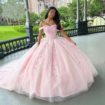 Quince Dress | Pink Floral Quinceanera Dresses Ball Gown Luxury Court Train Formal 15 Years Birthday Parrty Princess Gowns Corset Pink