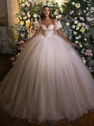 Princess Wedding Dress Corset Sweetheart Neck Ball Gowns Glitter Tulle Bride Dresses Robe De Mariee Wedding Gowns Champagne