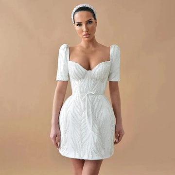 Glitter Wedding Dress Mini Sheath/Column Short Sleeves V Neck Wedding Gowns for Women Bride Backless Luxury Bridal Dresses Short Short Wedding Dress
