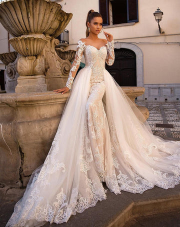 Luxury Mermaid Wedding Dresses O-neck Long Sleeve Appliques Detachable Train 2 In 1 Lace Bridal Gowns Vestidos De Novia As Picture