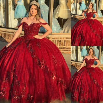 Quince Dress | Luxury Shiny Burgundy Quinceanera Dresses Vestidos De 15 Anos Off-Shoulder 3D Flower Applique Formal Princess Gown