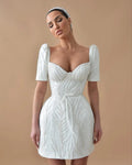 Glitter Wedding Dress Mini Sheath/Column Short Sleeves V Neck Wedding Gowns for Women Bride Backless Luxury Bridal Dresses Short Short Wedding Dress