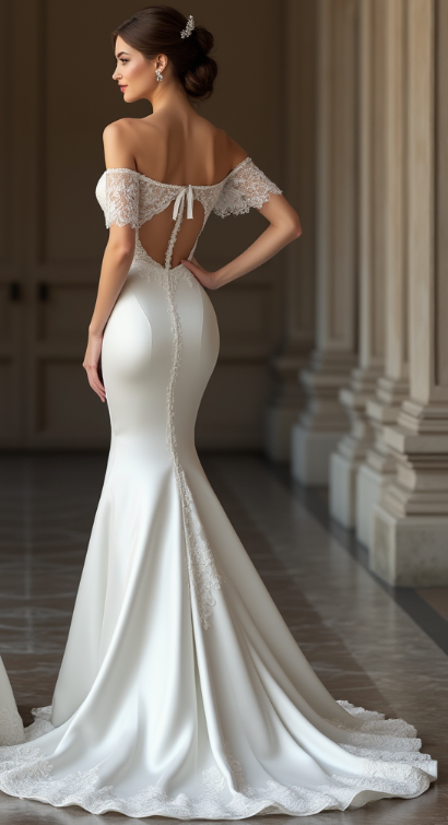 : Luxury satin bridal gown with an open-back lace-up design, off-shoulder lace sleeves, and a lace-trimmed mermaid train – perfect for an enchanting wedding day look. | فستان زفاف مكشوف الظهر مع أكمام دانتيل وتصميم فاخر بذيل طويل مزين بالدانتيل | Vestido de novia con espalda descubierta y detalles en encaje – un look nupcial sofisticado y chic. | Robe de mariée dos nu en satin avec détails en dentelle et traîne élégante – parfaite pour une cérémonie majestueuse.