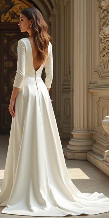  Luxury satin wedding gown with a low open-back design, fitted bodice, and long flowing train – an exquisite choice for a formal wedding. | فستان زفاف ساتان مكشوف الظهر مع أكمام طويلة وتصميم أنيق لمظهر راقٍ | Vestido de novia con espalda descubierta y falda fluida – una opción sofisticada y moderna. | Robe de mariée dos nu en satin avec manches longues et traîne élégante – idéale pour un mariage prestigieux.