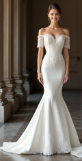 Elegant ivory satin mermaid wedding gown featuring an off-shoulder sweetheart neckline, fitted silhouette, and intricate lace appliqués – a romantic choice for a timeless bridal look. | فستان زفاف أنيق من الساتان والدانتيل بتصميم أوف شولدر وقصة ذيل السمكة لمظهر ملكي رائع | Vestido de novia de satén y encaje con escote corazón y silueta sirena – ideal para bodas sofisticadas. | Robe de mariée sirène en satin ivoire avec encolure cœur et détails en dentelle – idéale pour une allure romantique et élégante.