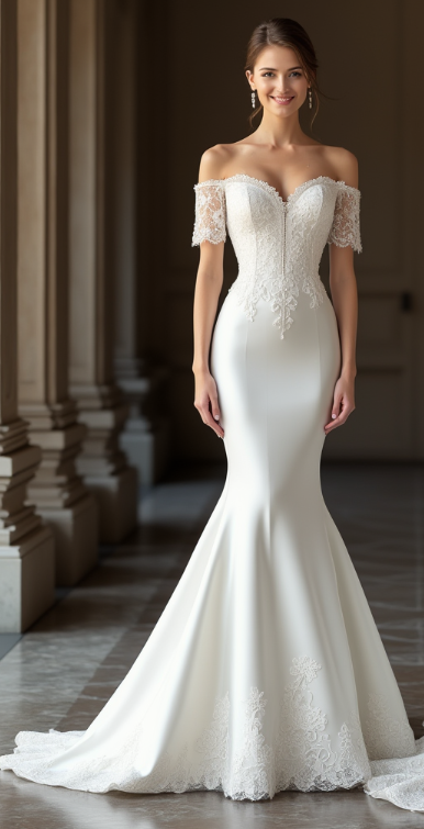 Elegant ivory satin mermaid wedding gown featuring an off-shoulder sweetheart neckline, fitted silhouette, and intricate lace appliqués – a romantic choice for a timeless bridal look. | فستان زفاف أنيق من الساتان والدانتيل بتصميم أوف شولدر وقصة ذيل السمكة لمظهر ملكي رائع | Vestido de novia de satén y encaje con escote corazón y silueta sirena – ideal para bodas sofisticadas. | Robe de mariée sirène en satin ivoire avec encolure cœur et détails en dentelle – idéale pour une allure romantique et élégante.