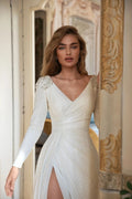 Challoner Sparkly Wedding Dresses Sheath V-Neck Long Sleeves Beaded Backless Bridal Gown Side Split Vestido De Noiva Court Train