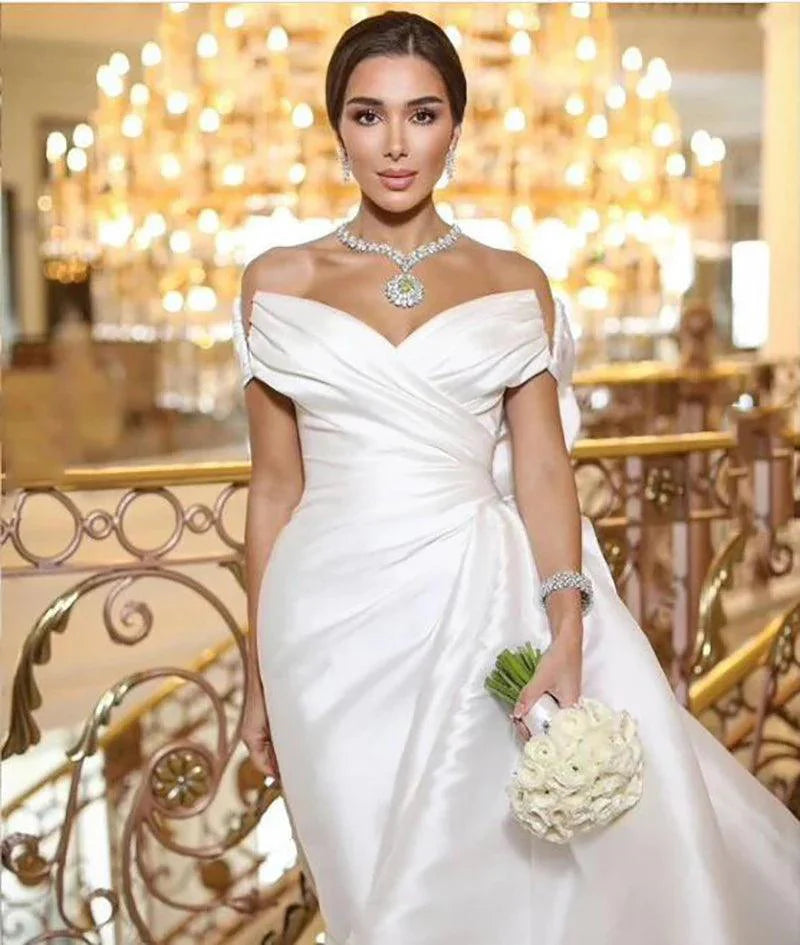 Princess Wedding Dress With Long Train Satin Mermaid Bride Dresses Off The Shoulder Wedding Party Dress Long Train Satin