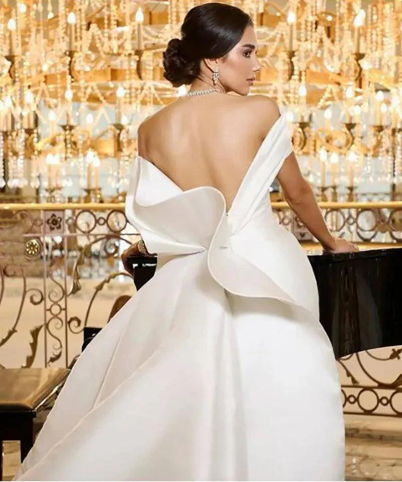 Princess Wedding Dress With Long Train Satin Mermaid Bride Dresses Off The Shoulder Wedding Party Dress Long Train Satin