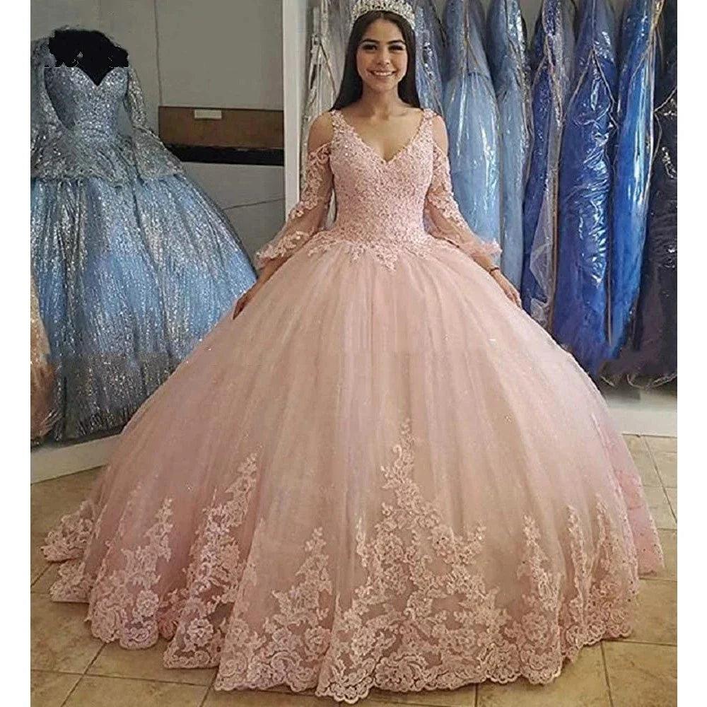 Quince Dress | Long Sleeves Tulle Ball Gown Quinceanera Dresses For 15 Party Fashion Appliques Floor-Length Princess Cinderella Birthday Gowns Pink