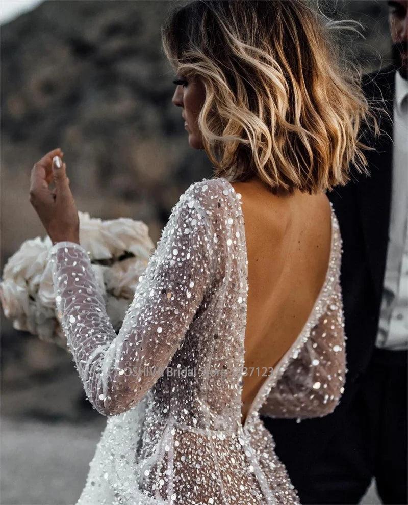 Mordern V- Neck Sequins Wedding Dresses Long Sleeves Floor Length Backless Bridal Gowns Robe De Marié