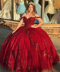 Quince Dress | Luxury Shiny Burgundy Quinceanera Dresses Vestidos De 15 Anos Off-Shoulder 3D Flower Applique Formal Princess Gown