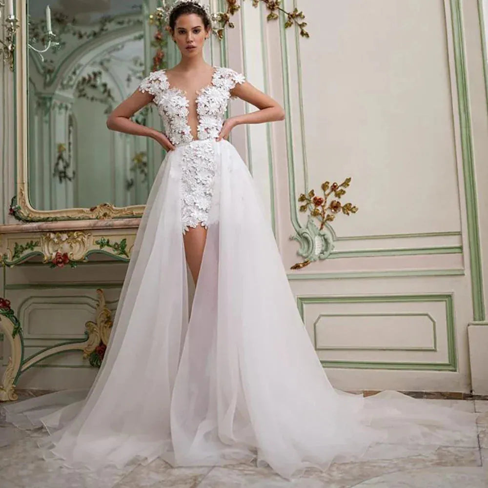 3D Flowers Lace Detachable Train Mini Short Wedding Dress V Neck Backless Cap Sleeves High Low Bridal Gown Above Knee Ivory Short Wedding Dress