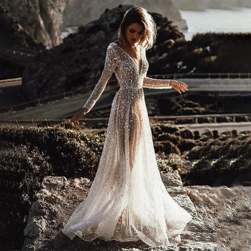 Mordern V- Neck Sequins Wedding Dresses Long Sleeves Floor Length Backless Bridal Gowns Robe De Marié Beige