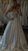 Shiny Wedding Dresses Boho Sweetheart Sequin Spaghetti Strap A-Line Princess Wedding Bridal Gown suknia slubna Satin