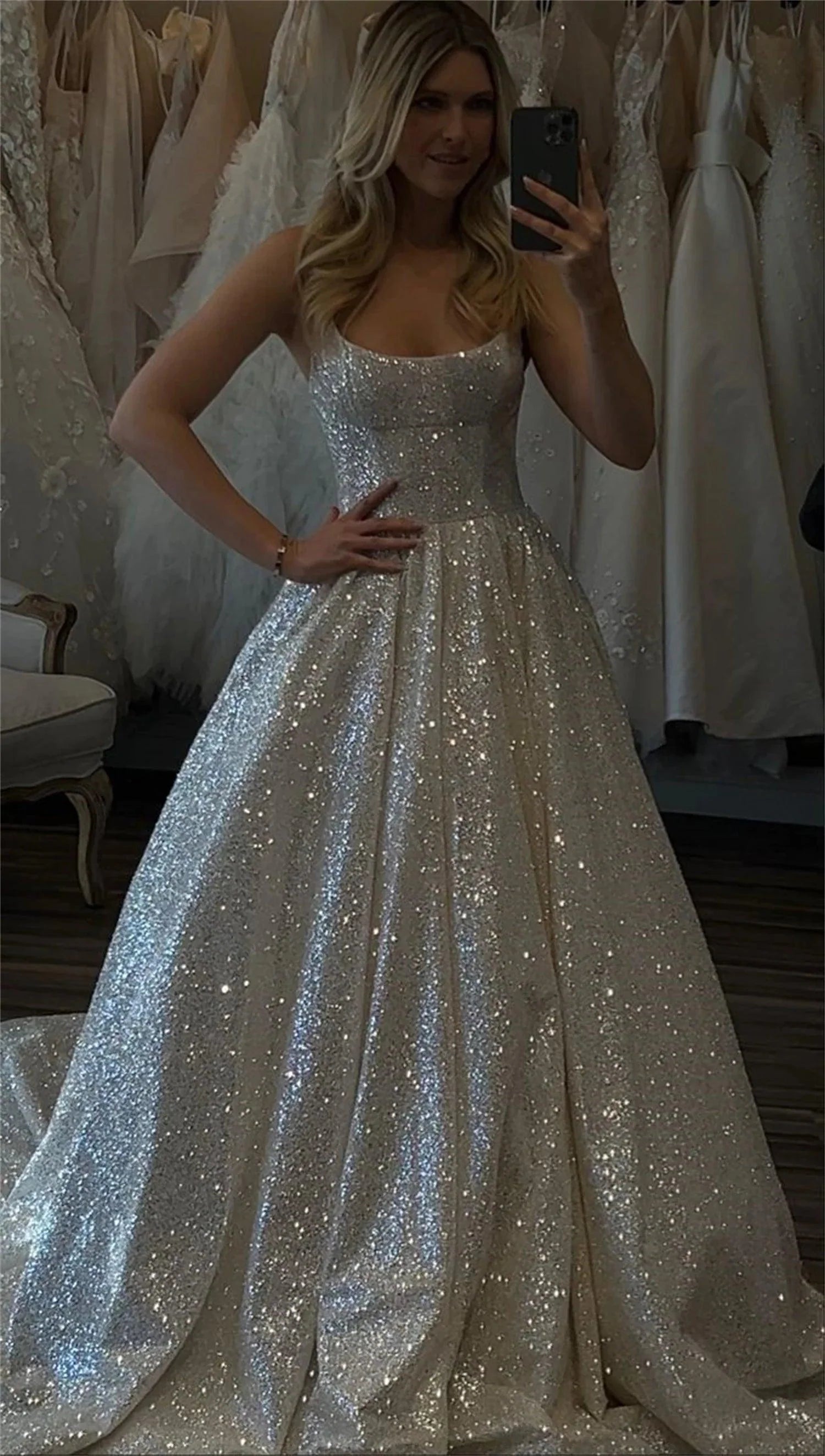 Shiny Wedding Dresses Boho Sweetheart Sequin Spaghetti Strap A-Line Princess Wedding Bridal Gown suknia slubna Satin