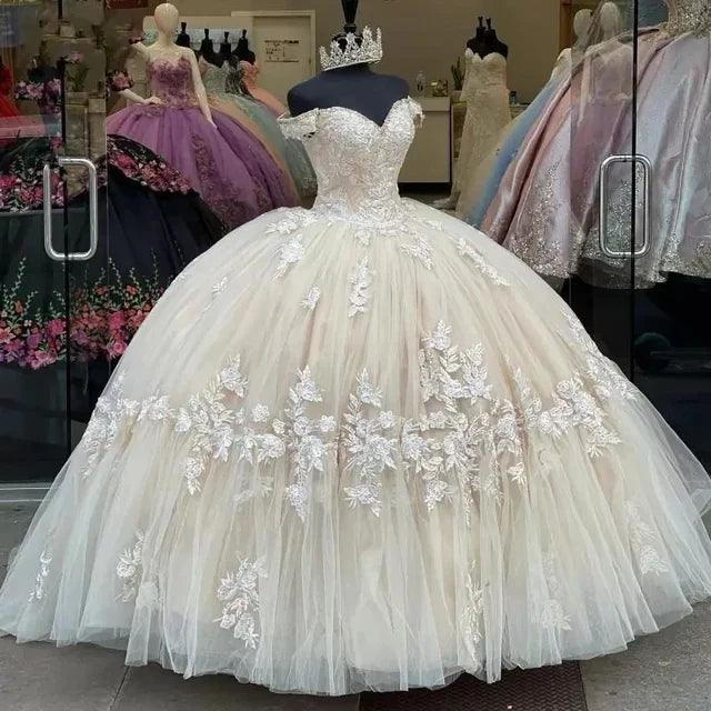 Quince Dress | Off-Shoulder Quinceanera Dresses 15 Party Prom Sweetheart Tulle Cinderella Birthday Ball Gowns champagne