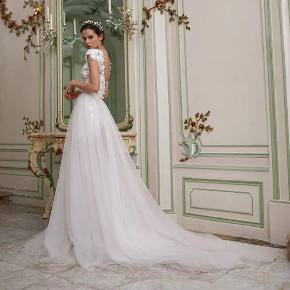3D Flowers Lace Detachable Train Mini Short Wedding Dress V Neck Backless Cap Sleeves High Low Bridal Gown Above Knee Short Wedding Dress