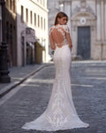 Boho Long Sleeves Mermaid Wedding Dresses For Women Satin Sexy V Neck Open Back Bridal Gown With Lace Appliques Sweep Train Boho Mermaid