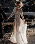 Mordern V- Neck Sequins Wedding Dresses Long Sleeves Floor Length Backless Bridal Gowns Robe De Marié
