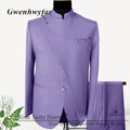 Men Suits Yellow 2 Pieces African Style Neck Buttoned Patchwork Blazer Pants Fashion Man Party Wear Costumes Lavender