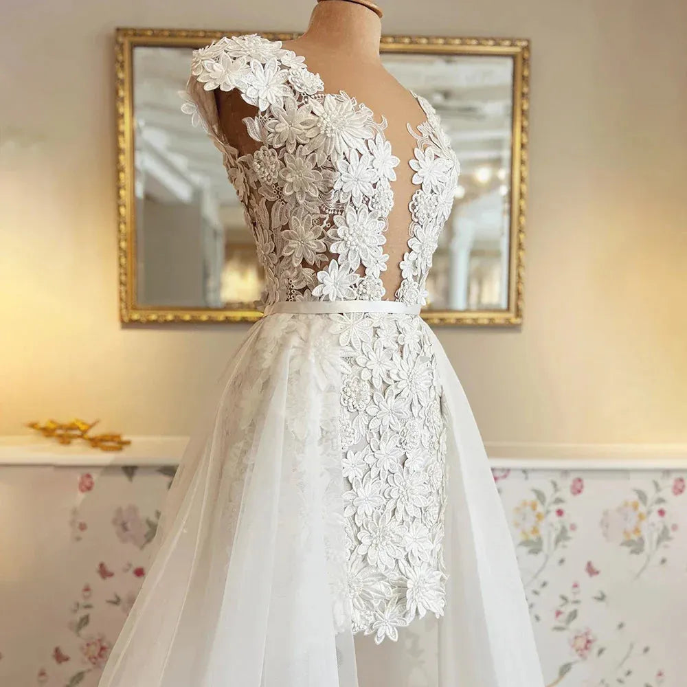 3D Flowers Lace Detachable Train Mini Short Wedding Dress V Neck Backless Cap Sleeves High Low Bridal Gown Above Knee Short Wedding Dress
