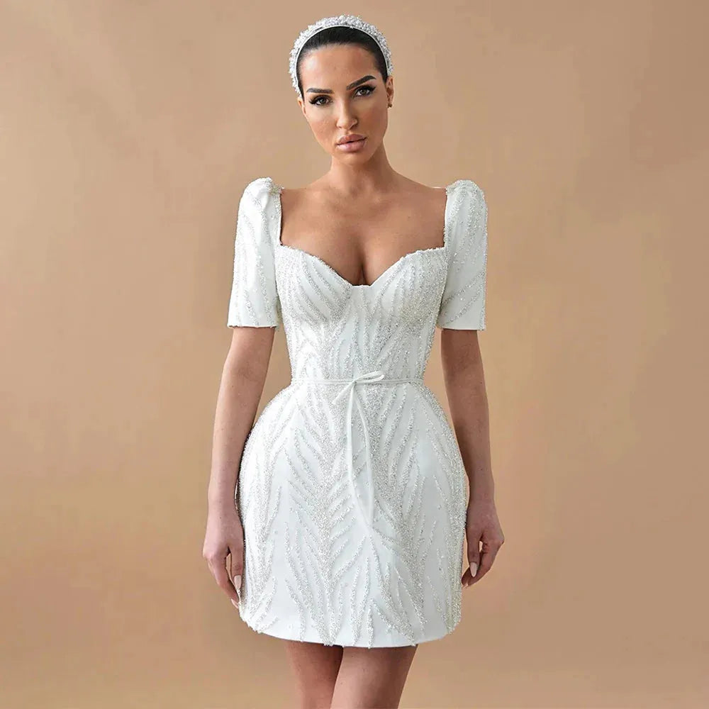 Glitter Wedding Dress Mini Sheath/Column Short Sleeves V Neck Wedding Gowns for Women Bride Backless Luxury Bridal Dresses Short Short Wedding Dress