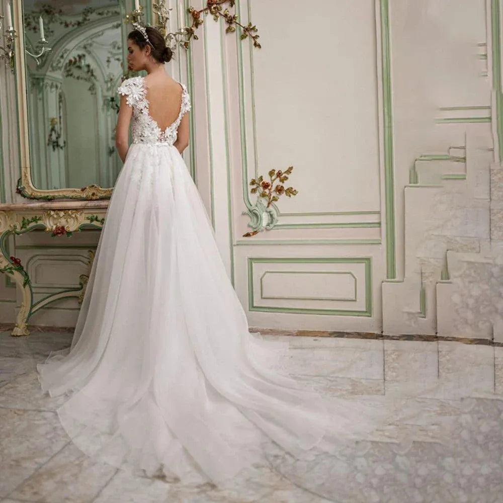 3D Flowers Lace Detachable Train Mini Short Wedding Dress V Neck Backless Cap Sleeves High Low Bridal Gown Above Knee Short Wedding Dress