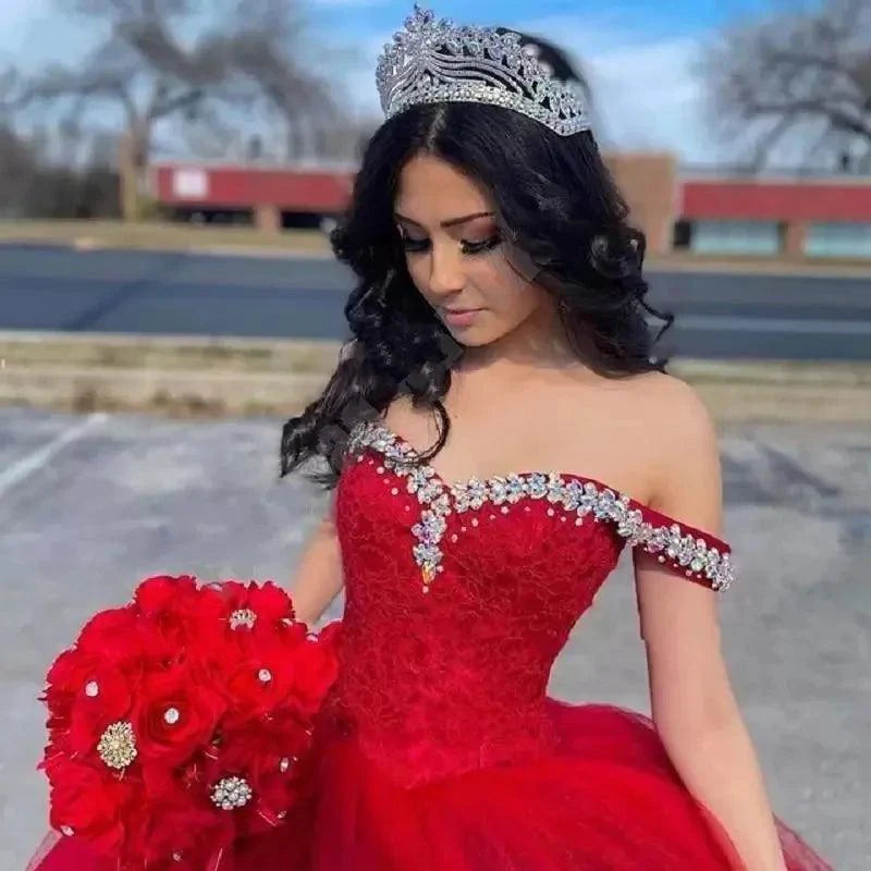 Quince Dress | Sweetheart Ball Gown Quinceanera Dresses Vestidos De 15 Anos Fashion Crystal Off-Shoulder Birthday Party Gowns