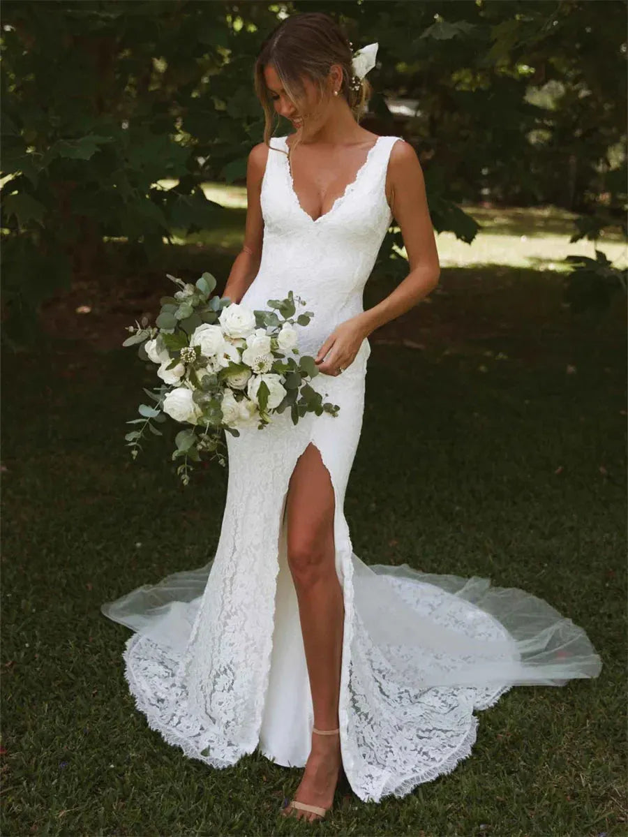 Deep V-Neck Sleeveless Lace Mermaid Wedding Dress Open Back High Side Slit Floor Length Bridal Gown Custom Made Ivory