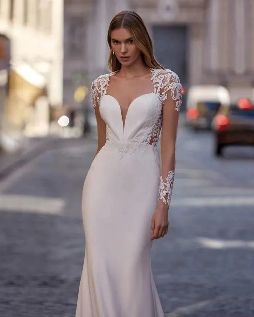 Boho Long Sleeves Mermaid Wedding Dresses For Women Satin Sexy V Neck Open Back Bridal Gown With Lace Appliques Sweep Train Boho Mermaid