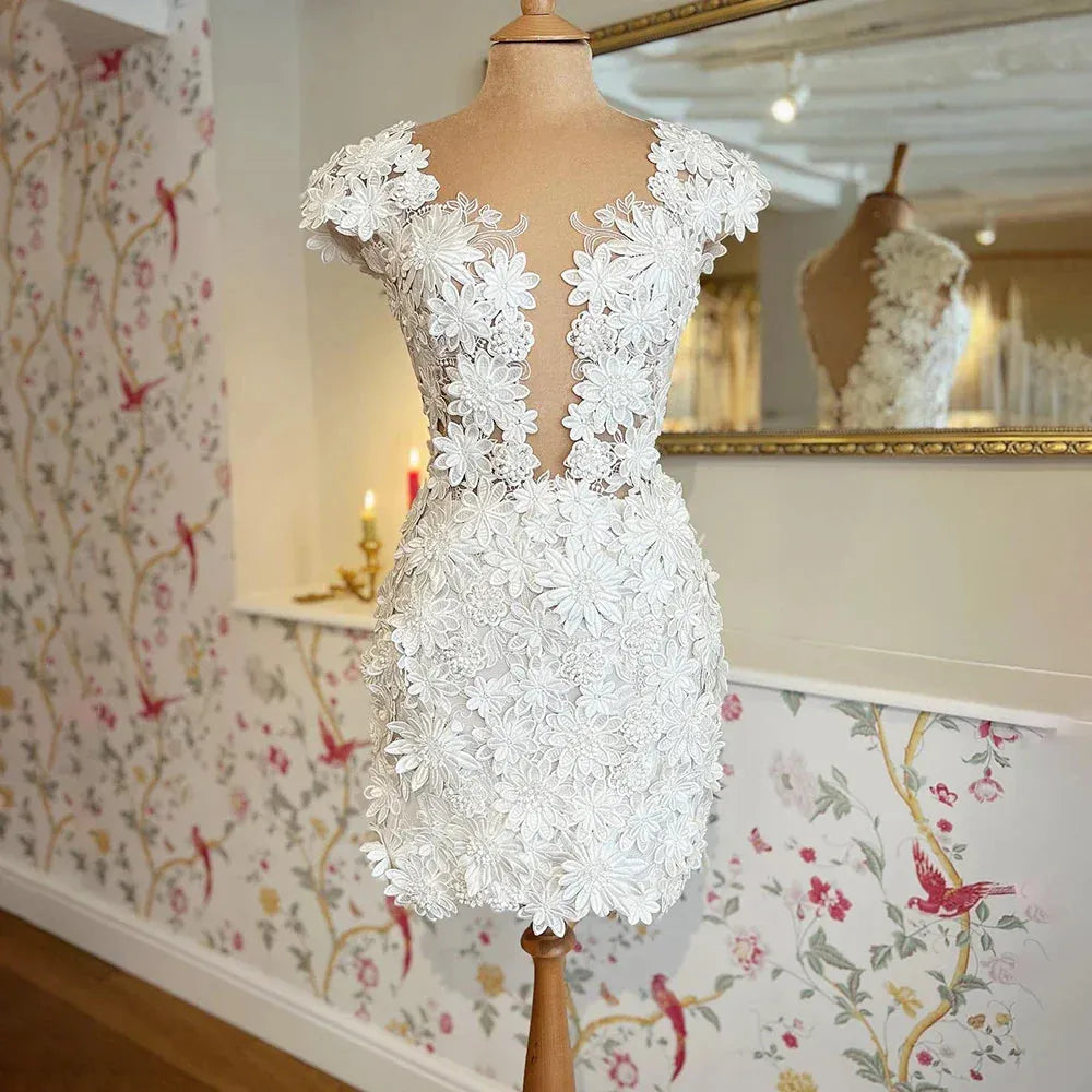 3D Flowers Lace Detachable Train Mini Short Wedding Dress V Neck Backless Cap Sleeves High Low Bridal Gown Above Knee Short Wedding Dress