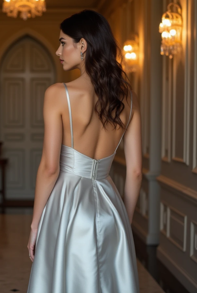 A stunning silver satin evening dress with a deep V-neckline, delicate spaghetti straps, and a flowing A-line silhouette, perfect for special occasions and cocktail events.
فستان سهرة فضي مذهل من الساتان مع ياقة عميقة على شكل V، وأشرطة رفيعة، وتصميم A-Line انسيابي – مثالي للمناسبات الخاصة وحفلات الكوكتيل.
Un impresionante vestido de noche plateado de satén con escote profundo en V, tirantes finos y falda fluida en A-Line, ideal para eventos especiales y cócteles.