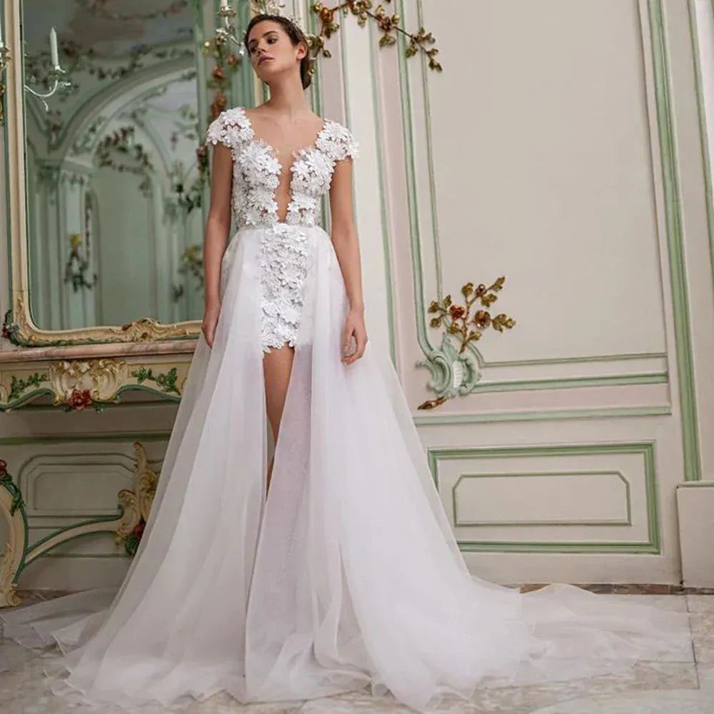 3D Flowers Lace Detachable Train Mini Short Wedding Dress V Neck Backless Cap Sleeves High Low Bridal Gown Above Knee Short Wedding Dress