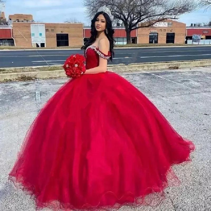 Quince Dress | Sweetheart Ball Gown Quinceanera Dresses Vestidos De 15 Anos Fashion Crystal Off-Shoulder Birthday Party Gowns Red
