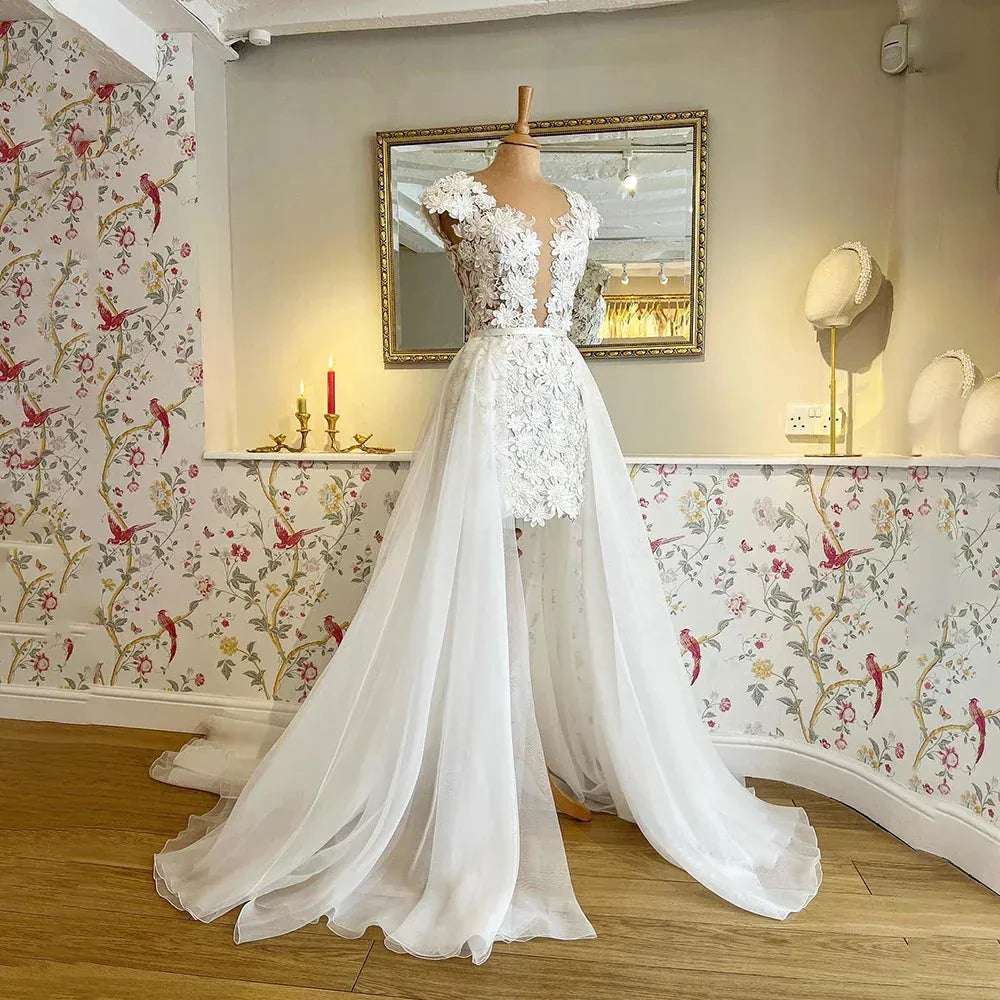 3D Flowers Lace Detachable Train Mini Short Wedding Dress V Neck Backless Cap Sleeves High Low Bridal Gown Above Knee Short Wedding Dress