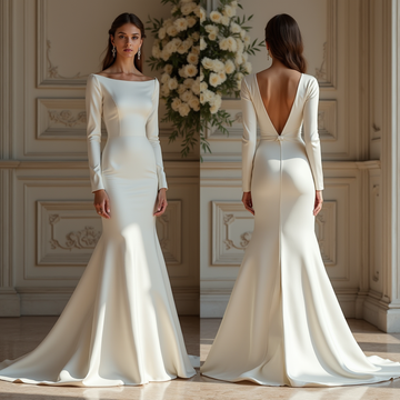 🔹 Elegant long-sleeve satin wedding dress
🔹 Luxury mermaid bridal gown
🔹 Bateau neckline wedding dress
🔹 Deep V-back wedding dress with long sleeves
🔹 Satin wedding gown with a sweeping train
🔹 Sophisticated bridal look for formal weddings
🔹 Timeless and regal wedding dress