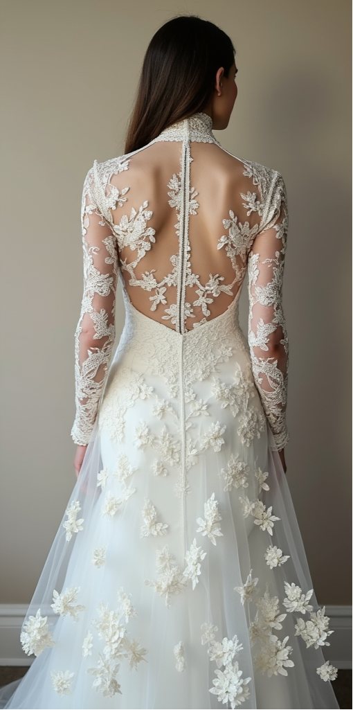 Elegant illusion-back bridal gown with sheer floral lace, long sleeves, and a softly draped skirt – a perfect combination of vintage charm and modern elegance. | فستان زفاف بظهر شفاف مزين بالدانتيل وأكمام طويلة لمظهر زفاف فاخر ورومانسي | Vestido de novia con espalda transparente de encaje y mangas largas – sofisticado y romántico. | Robe de mariée avec dos en dentelle transparente et manches longues – idéale pour une mariée élégante et intemporelle.