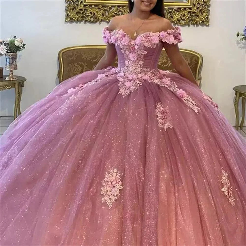 Quince Dress | Glittering Off-Shoulder Quinceanera Dress Flower Appliques Ball Gown Vestidos De 15 Birthday Party Gowns Corset