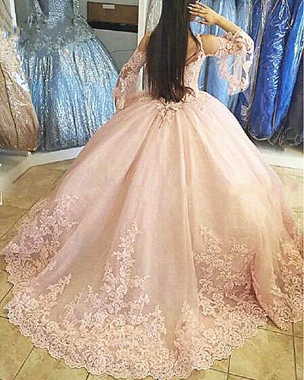 Quince Dress | Long Sleeves Tulle Ball Gown Quinceanera Dresses For 15 Party Fashion Appliques Floor-Length Princess Cinderella Birthday Gowns