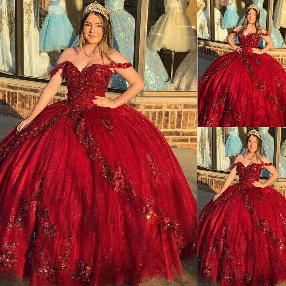 Quince Dress | Luxury Shiny Burgundy Quinceanera Dresses Vestidos De 15 Anos Off-Shoulder 3D Flower Applique Formal Princess Gown