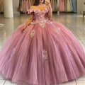 Quince Dress | Glittering Off-Shoulder Quinceanera Dress Flower Appliques Ball Gown Vestidos De 15 Birthday Party Gowns Corset
