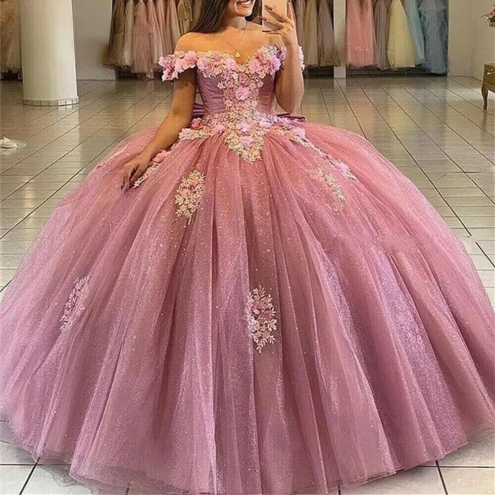 Quince Dress | Glittering Off-Shoulder Quinceanera Dress Flower Appliques Ball Gown Vestidos De 15 Birthday Party Gowns Corset
